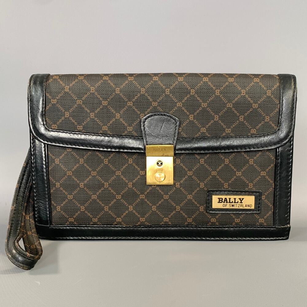 BALLY Brown Black Monogram Leather Wristlet Bag